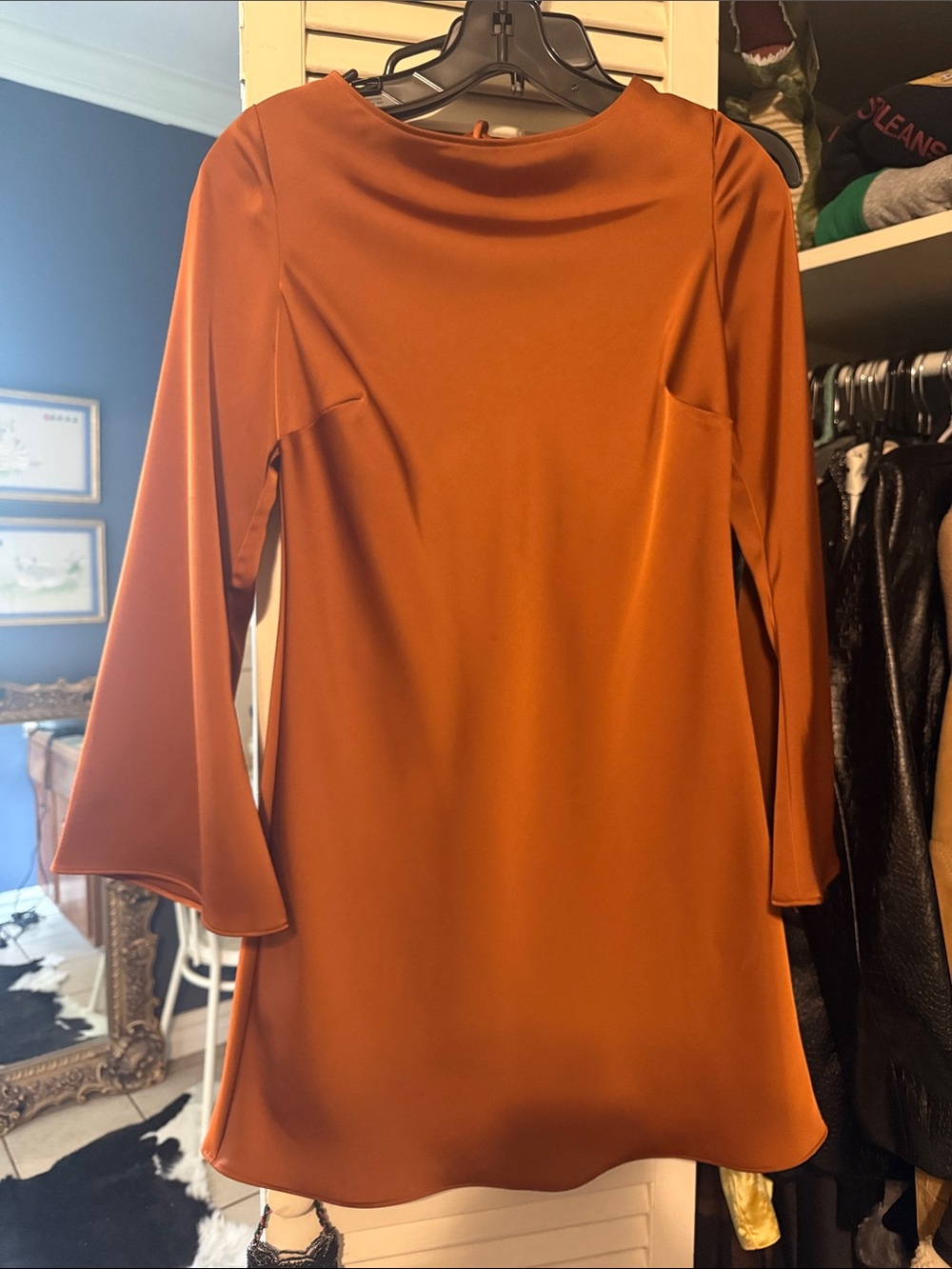 Rust Satin Long-Sleeve Shift Dress - GIANNI BINI